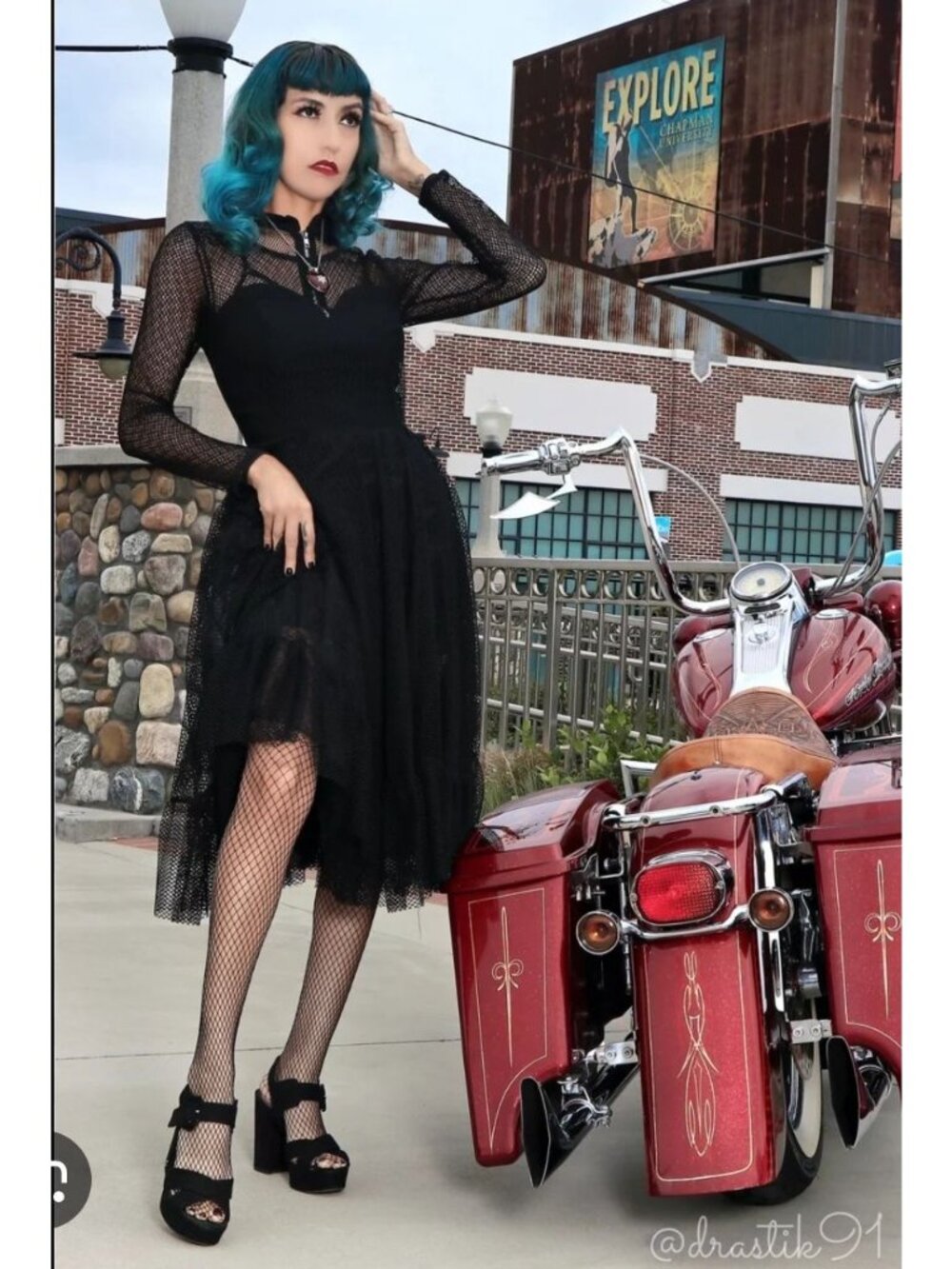 Weasel Wear XS Drastik Black Fishnet Mesh Ruffle Dress Long-Sleeve